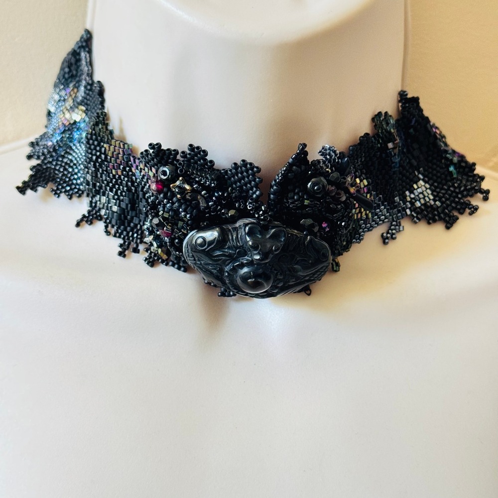 Bat Choker Necklace Beaded Glass Agate Statement Victorian Goth Style VTG 16"